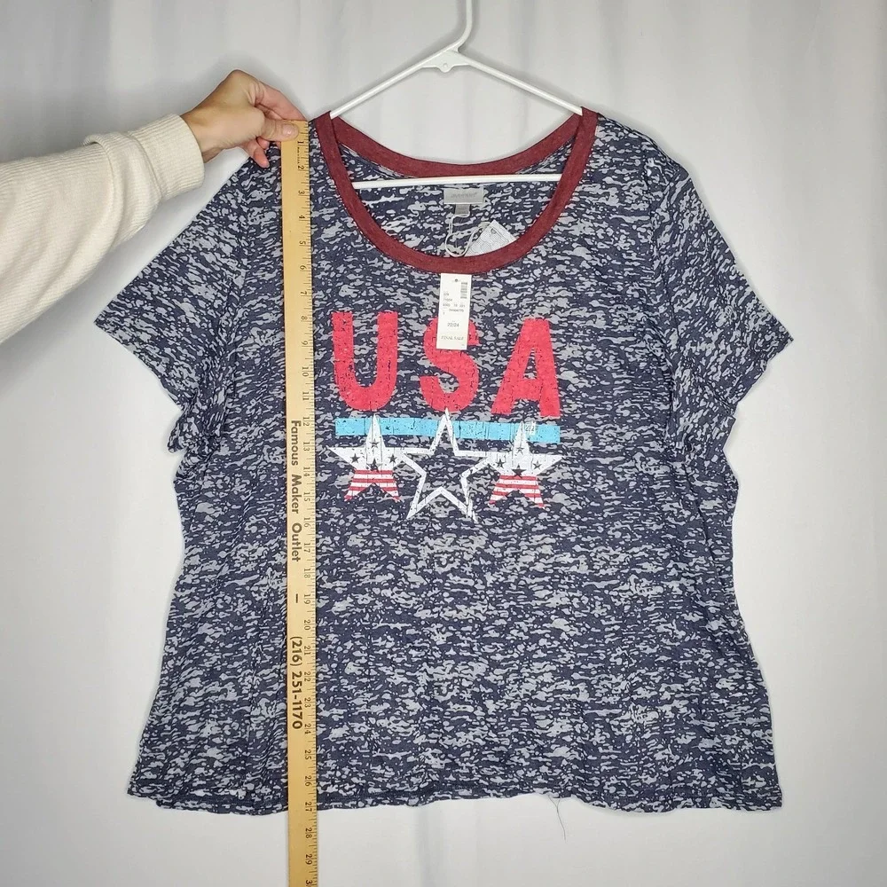 Avenue Burnout USA T-Shirt Women‎ 22/24 Red Blue Boxy Lightweight Short Sleeve